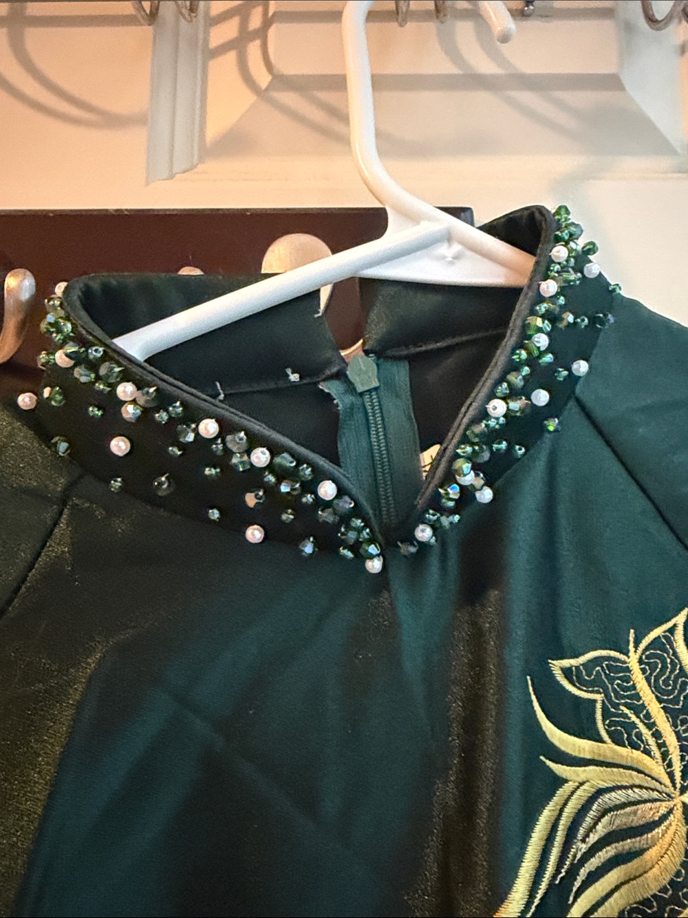 Ao dai-Emerald Green Satin Dress with Gold Embroidered Phoenix-2XL - Picture 3 of 6